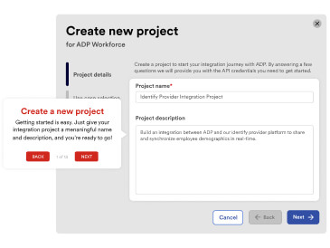 Screen shows the walkthrough for creating a new integration project for ADP Workforce Now 