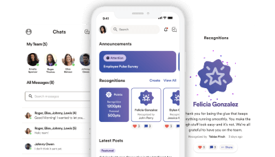Screenshots of the ADP Mobile App, featuring ADP Connect's capabilities including team announcements, recognition, and chat functionalities.