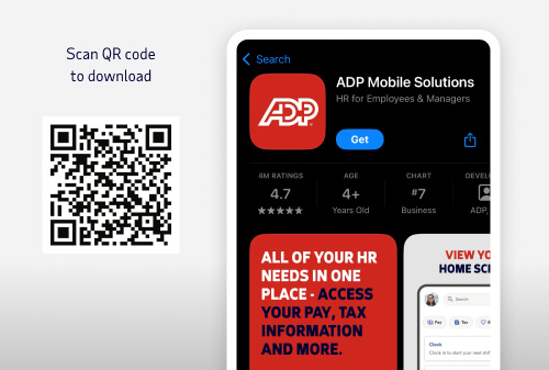 Smartphone displaying ADP Mobile Solutions app download screen alongside a QR code for mobile access.