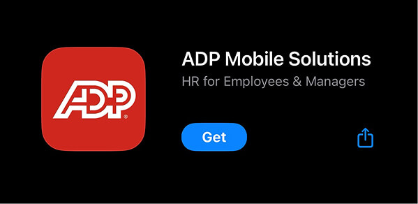 App store screen showing ADP Mobile Solutions with download button.