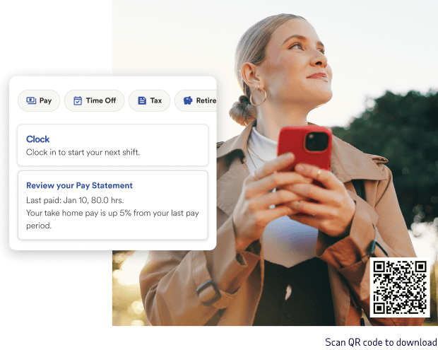 Employee holding a smartphone outdoors with ADP Mobile app interface showing pay, time tracking, and pay statement features.