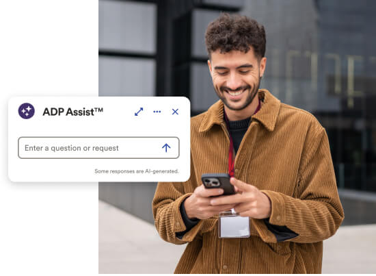 .Employee using a smartphone with ADP Assist interface for HR tasks like pay, schedule, and support.