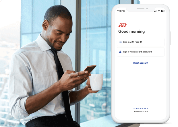 ADP Mobile login screen with options to sign in with Face ID or username and password.