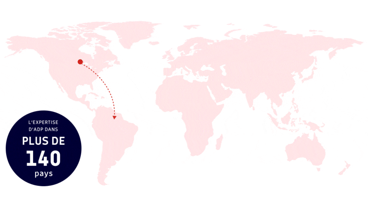 World map with pinpoints showing the continents where ADP does business and an inset statistic reading "ADP expertise in 140+ countries.