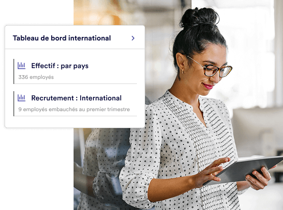 Global HCM international dashboard showing headcount by country and international hires by quarter.