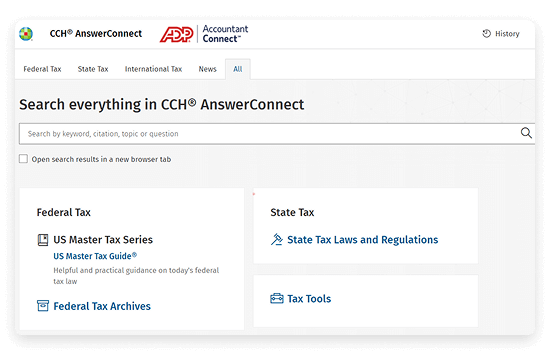 ADP Accountant Connect screenshot showing options to search, federal tax and state tax toolsi n the CCH® AnswerConnect Tax Research Library