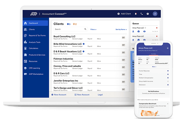 Software technology interface display of the Accountant Connect Client Dashboards on desktop and mobile devices