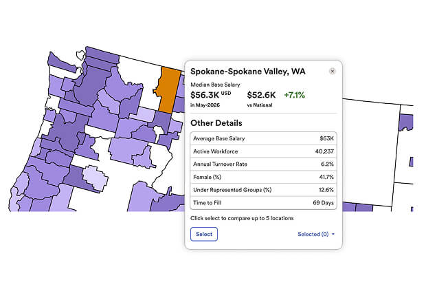 Compensation benchmarking map showing regional salary, workforce, and hiring insights for strategic workforce planning.
