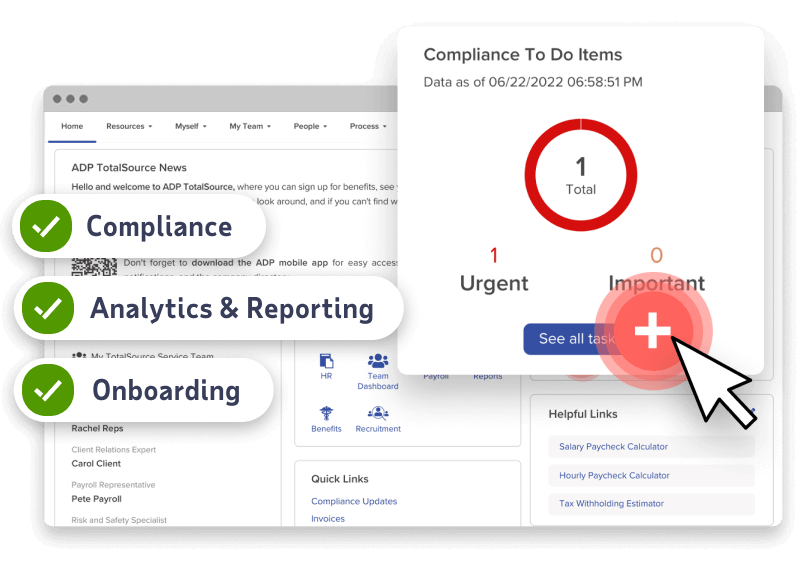TotalSource interface highlighting compliance, analytics & reporting, and onboarding