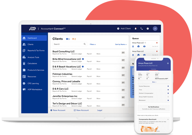 Software technology interface display of the Accountant Connect Client Dashboards on Desktop and Mobile devices