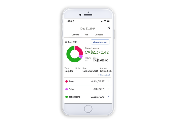 ADP Mobile Solutions app showing employee take home pay, taxes, and gross pay 