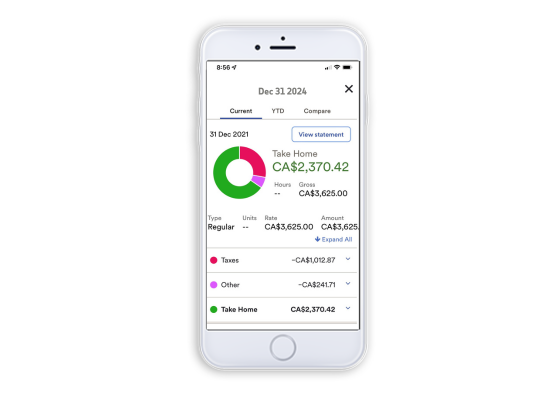 ADP Mobile Solutions app showing employee take home pay, taxes, and gross pay