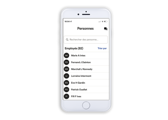 Écran de l'application ADP Solutions mobiles avec une liste de tous les employés d'une entreprise