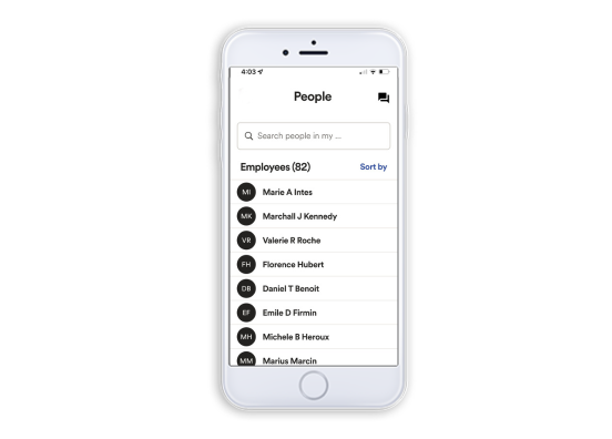 ADP Mobile Solutions app screen with a list of all employees at a company 