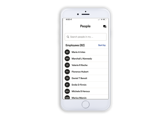 ADP Mobile Solutions app screen with a list of all employees at a company