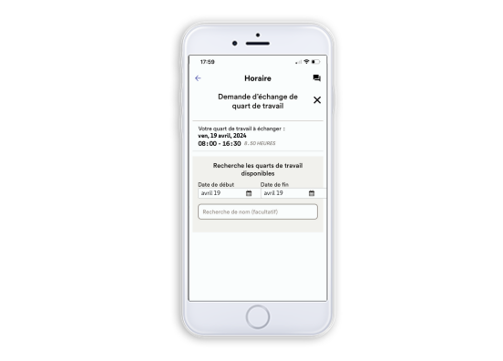 Écran de l'application ADP Solutions mobiles montrant une demande d'échange de poste avec d'autres employés
