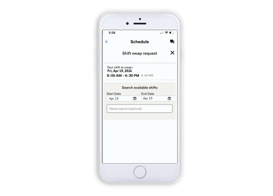 ADP Mobile Solutions app screen showing request to swap shift with other employees