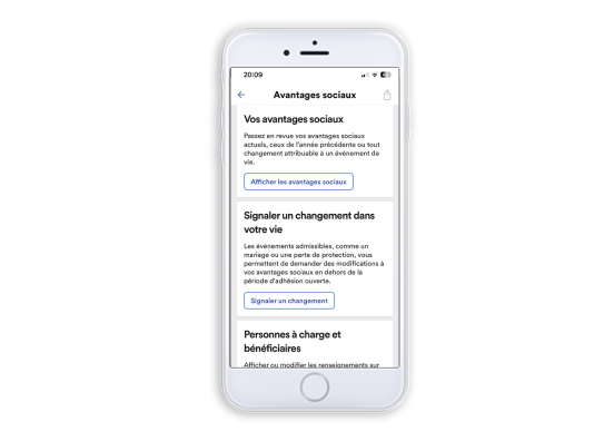 L'écran de l'application ADP Solutions mobiles avec des options pour revoir les prestations, signaler un changement de vie, gérer les personnes à charge.
