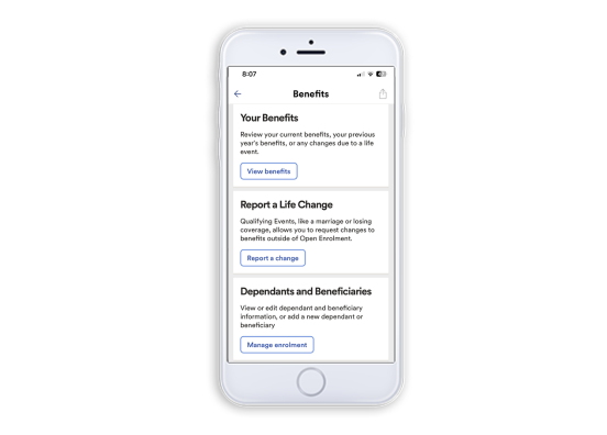 ADP Mobile Solutions app screen with options to review benefits, report a life change, manage dependents