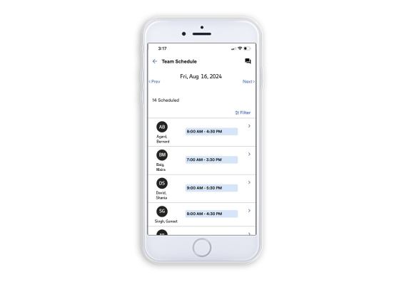 ADP Mobile Solutions app team schedule screen showing which employees are scheduled on August 16, 2024