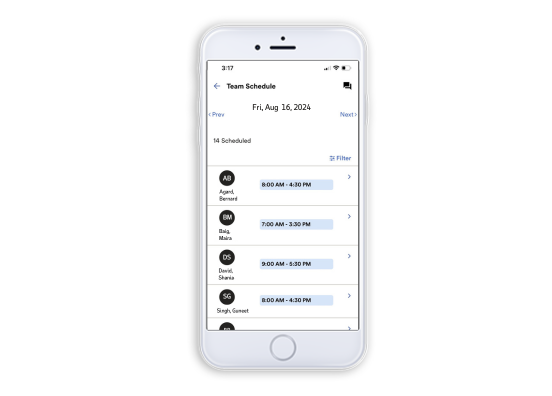 ADP Mobile Solutions app team schedule screen showing which employees are scheduled on August 16, 2024 