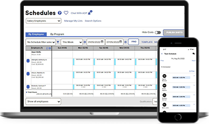 ADP Canada's time tracking Software, displayed on a laptop and mobile screen. 