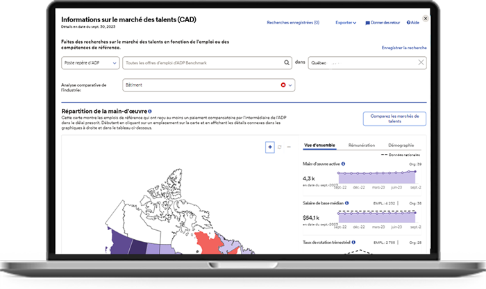 TalentMarketingInsights-desktop-FR Alt text: Le tableau de bord du marché des talents d'ADP Workforce Now permet de visualiser la répartition de la main-d'œuvre employée dans l'industrie de la construction en fonction de la province.