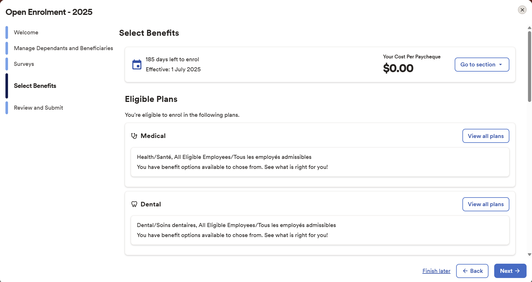Open Enrollment Center sample in ADP Workforce Now