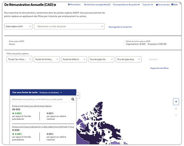 Graphique de référence de la rémunération annuelle InfoNuage ADP montrant la carte du Canada