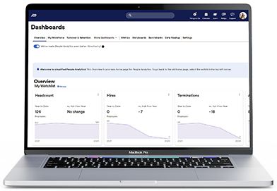 ADP Datacloud platform showcasing headcount, hires, terminations, and access to learning management dashboards