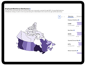ADP Datacloud analytics chart on a tablet showcasing metrics for employed workforce, base salary, turnover rate, and median hourly pay