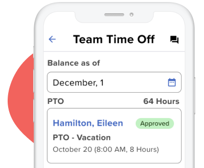 Mobile phone displaying ADP Workforce Manager application page for Team Time Off, Balance, and PTO record