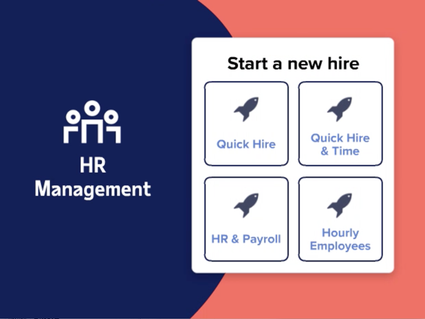 Options to start a new hire process in ADP Workforce Now: Quick Hire, HR & Payroll, Quick Hire & Time, Hourly Employees 