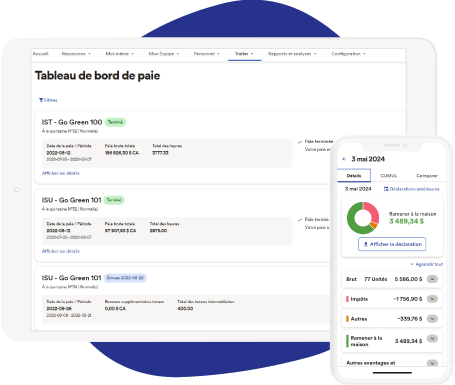 Tableau de bord de paie ADP Workforce Now sur ordinateur et mobile
