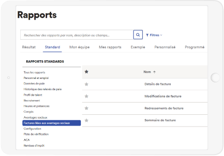 Tableau de bord d'ADP Workforce Now montrant des analyses sur les avantages sociaux des employés