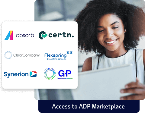  inset of sample partner logos: Flexspring, Attendance on demand, absorb, orgchart, BRI and 7Shifts on ADP Marketplace set over image of employee reading files.