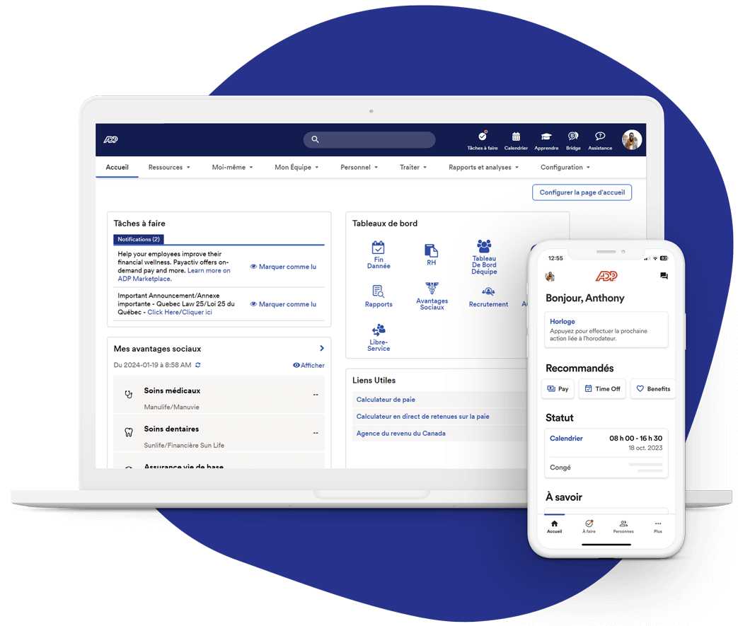 Page d'accueil d'ADP Workforce Now sur ordinateur et mobile